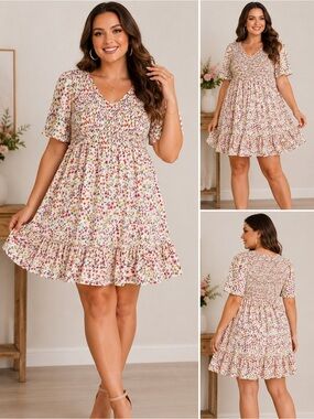 Floral V-Neck Tiered Mini Dress in Cream